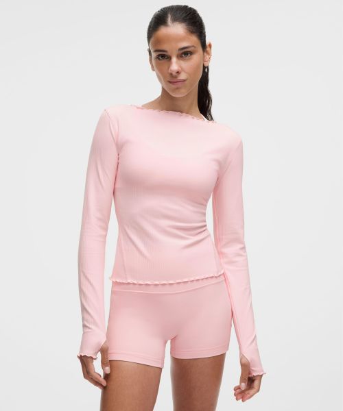 Ribbed Nulu™女士罗纹船型领长袖T恤 芯吸