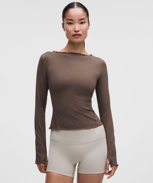 Ribbed Nulu™女士罗纹船型领长袖T恤 芯吸