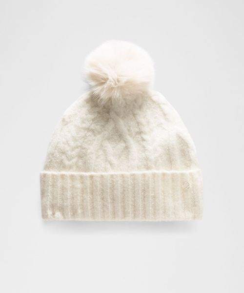 Cable-Knit 女士拉绒内衬绒球绞花针织帽